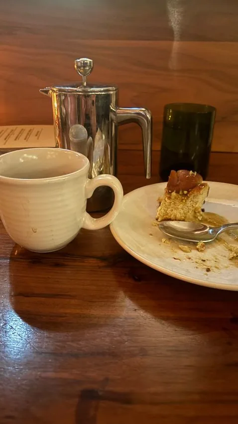 Pistachio cake and French press — end of evening